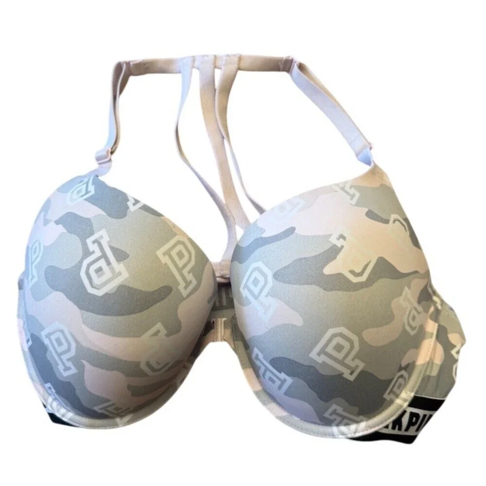 Victoria's Secret PINK Push Up Bra 36D Gray Camo Front Closure